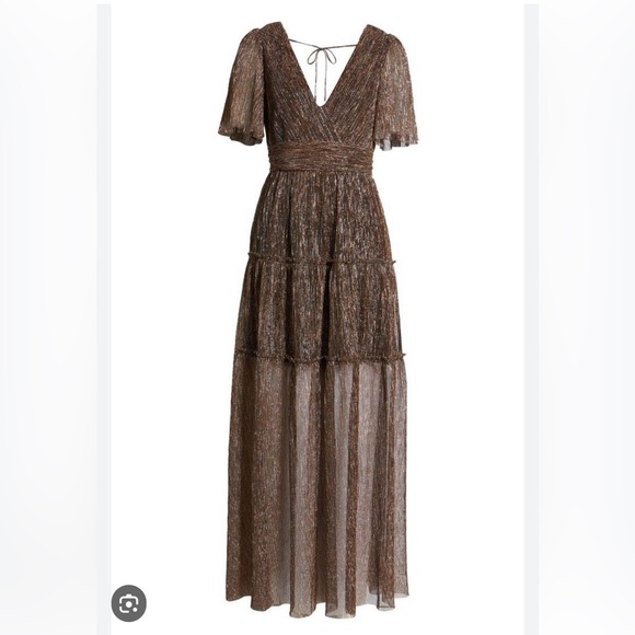 FLORET STUDIOS Open Back Metallic Plissé Dress in Gold. Small - Picture 3 of 5